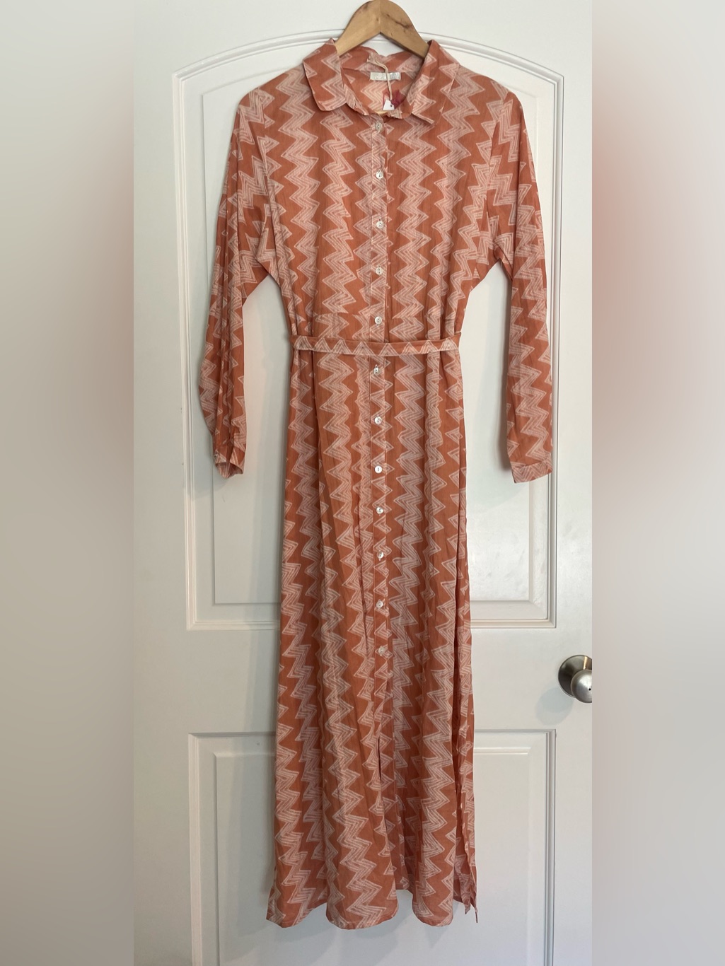Nimbu Button-Front Long Sleeve Chevron Maxi Cotton Dress In Terracotta Xl New